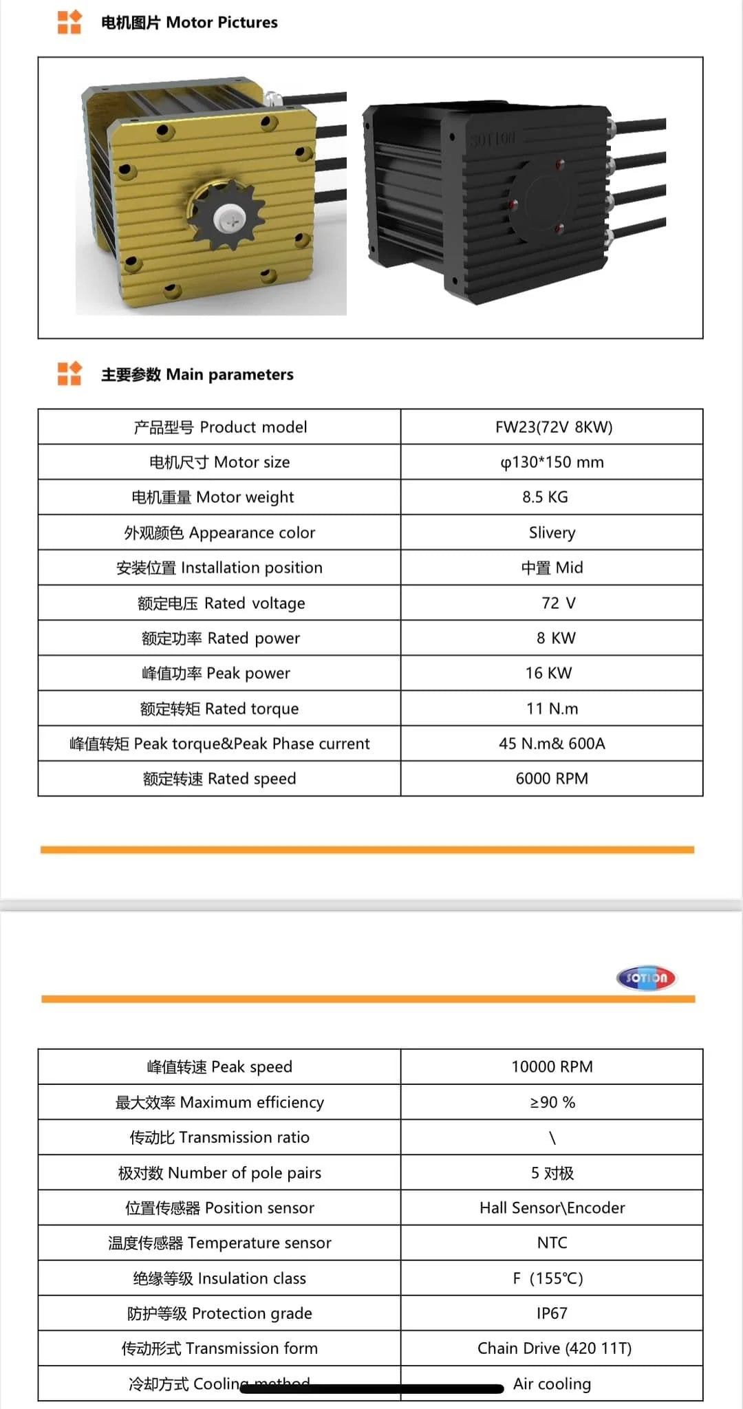 SOTION FW23 Splined Shaft 72V Brushless Motor BLDC Motor for Electric Bike